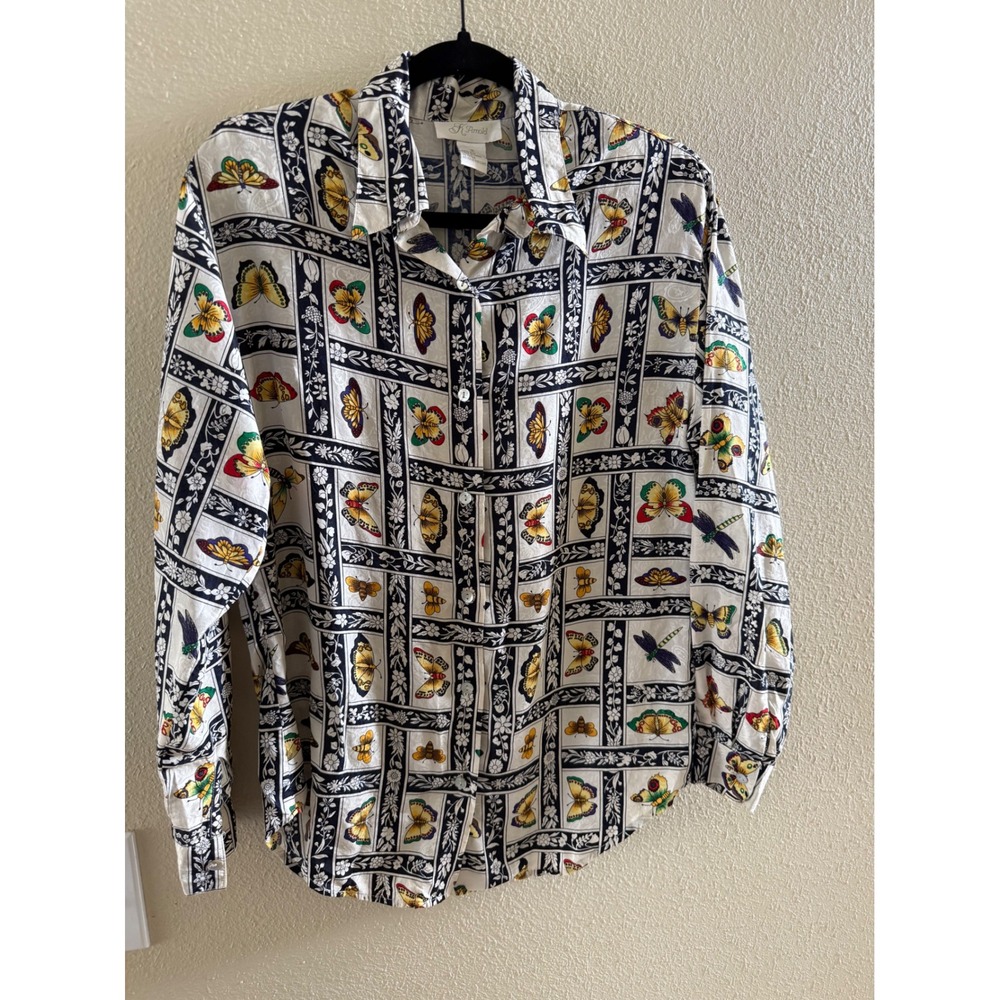 K Arnold Vintage 100% Silk Butterfly Dragonfly Print Button Down Blouse Small
